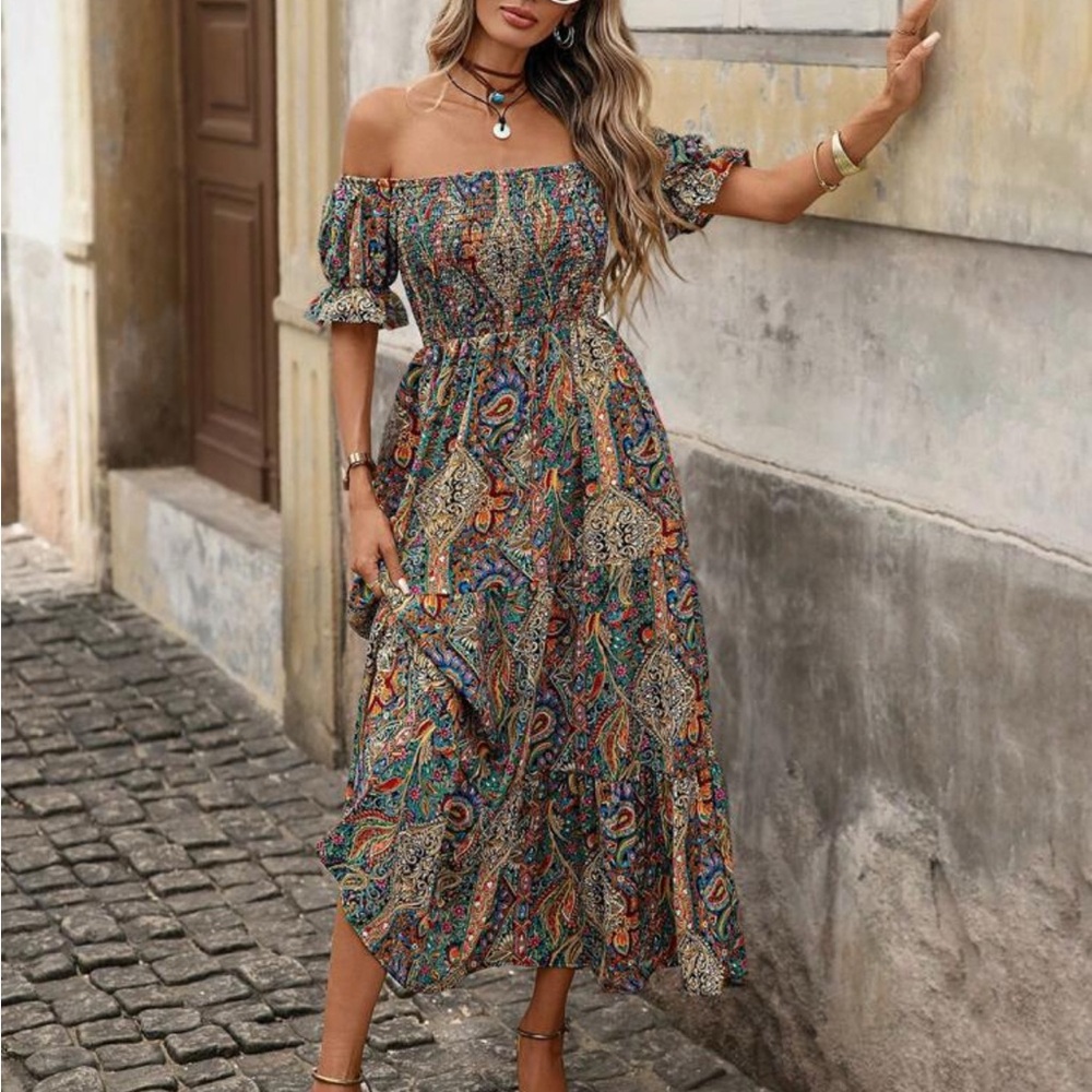 SHEIN NWOT Western Bohemian Off-Shoulder Paisley Dress Size 4 (S)